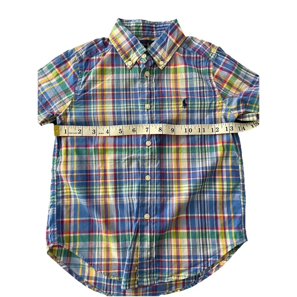 Ralph Lauren Boys Multi Color Plaid Short Sleeve Button Down Shirt Size 4 Cotton